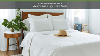 A neatly organized bedroom with cotton storage baskets, neatly folded linens, and simple, functional furniture for a clutter-free space.